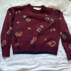 Coach: Burgundy Floral Jacquard Crewneck (66531)Sweater- Wool Blend- Metallic- S